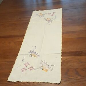 Vintage cross stitched embroidery butterflies flowers table runner w/tatted edge